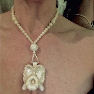 Vintage Carved Orchid Ivory Necklace 1920s 1930s